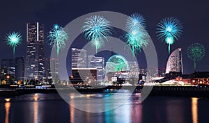 Fireworks celebrating over marina bay in Yokohama City