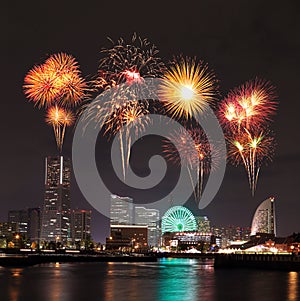 Fireworks celebrating over marina bay in Yokohama City