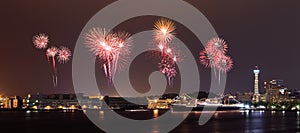 Fireworks celebrating over marina bay in Yokohama City