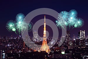 Fireworks celebrating over Tokyo cityscape at night