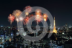 Fireworks celebrating over Tokyo cityscape at night