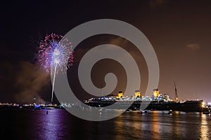Fireworks celebration of July 4th at Long beach with Queen Mary