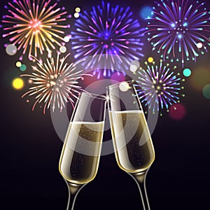 Fireworks and champagne glasses. Congratulatory toast christmas and cheers happy new year celebration. Sparkling wine