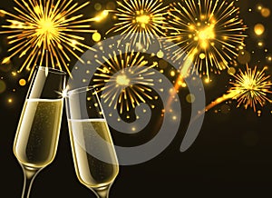 Fireworks and champagne glasses. Sparkling wine and new year golden firework with bokeh effect, congratulatory toast