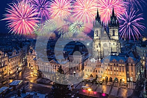 Fireworks in Prague Poland during New Year`s celebration photo