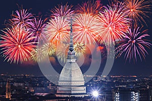 Fireworks in Torino Turin - Italy during New Year`s celebration photo