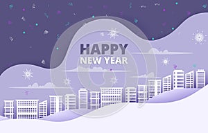 Fireworks City Building Happy Winter New Year Paper Cut Illustration