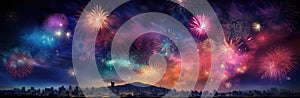 Fireworks and city skyline panorama at night with space for text