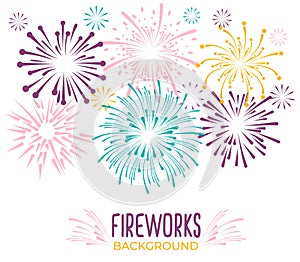 Fireworks collection isolated on white background. Colorful festive firework background. Vector illustration