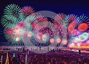 Fireworks with colorful fireworks over megacities. Generative AI.