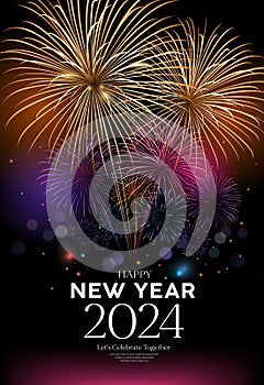 Fireworks colorful, Happy new year 2024 poster flyer design on night background