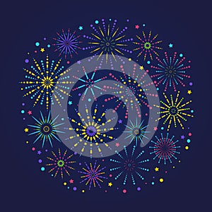 Fireworks composition for festival, holiday or winner poster. Trendy congratulations banner with fireworks in linear style.