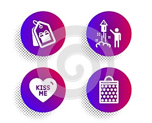 Fireworks, Coupons and Kiss me icons set. Shopping bag sign. Party pyrotechnic, Shopping tags, Love sweetheart. Vector