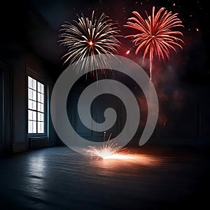 Fireworks in a dark empty room - ai generated image