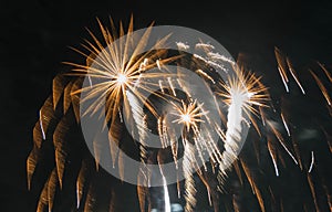 Fireworks display at bonfire 4th of November celebration, Kenilworth Castle, UK.