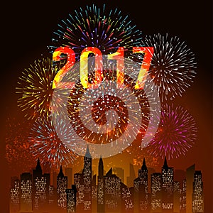 Fireworks display for happy new year 2017 above the city with clock