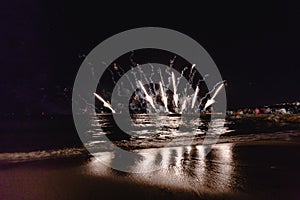 Fireworks display, night show on seafront, pyrotechnic festival. Antibes Juan les Pins