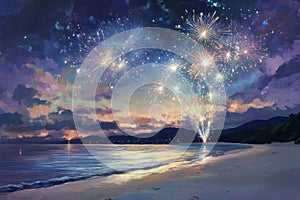 Fireworks Display Over a Beach at Dusk