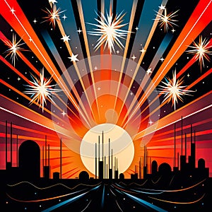 Fireworks display over a city skyline during a vibrant and festive celebration
