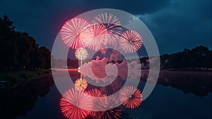 Fireworks Display Over Lake At Night