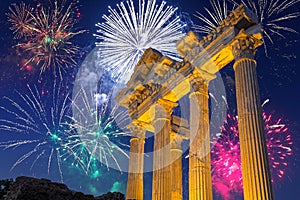 Fireworks display over the temple of Apollo in Side, Turkey