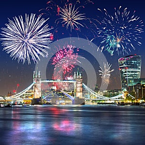 Fireworks display over the Tower Bridge in London UK