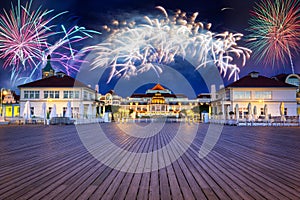 Fireworks display in Sopot at the Molo - pier on Baltic Sea, Poland