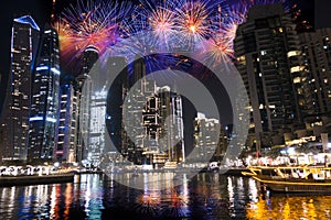 Fireworks in Dubai Marina on the New Yearâ€™s Eve night, famous place for holiday