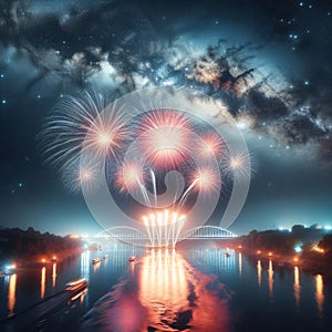 Fireworks Erupt in Cosmic Splendor, Blurring into the Milky Way\'s Celestial Tapestry. Generative ai for illustrations