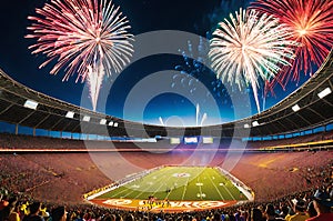 Fireworks Erupting in the Night Sky Above a Stadium Filled with Excited Spectators: Bursts of Color Illuminate the Celebration