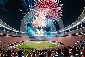 Fireworks Erupting in the Night Sky Above a Stadium Filled with Excited Spectators: Bursts of Color Illuminate the Celebration