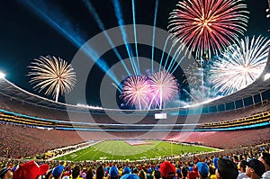 Fireworks Erupting in the Night Sky Above a Stadium Filled with Excited Spectators: Bursts of Color Illuminate the Celebration