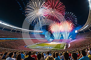 Fireworks Erupting in the Night Sky Above a Stadium Filled with Excited Spectators: Bursts of Color Illuminate the Celebration