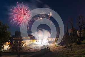 Fireworks in the evening at a park. Pyrotechnical show