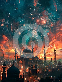 fireworks exploding in the night sky, celebrating the joy and festivity of Eid-al-Adha.