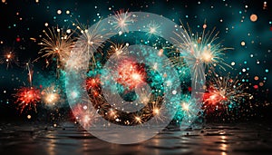 Fireworks exploding in vibrant colors, illuminating the dark night sky generated by AI