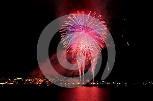 Fireworks explored in the sky at night in sea port of Hakodate,hokkaido,Japan