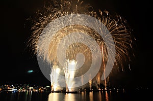 Fireworks explored in the sky at night in sea port of Hakodate,hokkaido,Japan