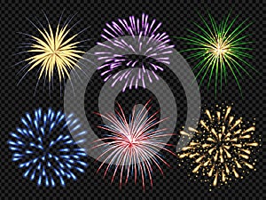 Fireworks explosion. Birthday party big bang festive sparkling vector realistic fireworks collection