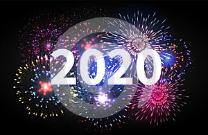 Fireworks explosion. Happy new year 2020 event banner. Pyrotechnics sparks. Festive firework celebration vector backdrop