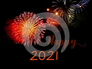 Fireworks explosion. Happy new year 2021 event banner. Pyrotechnics sparks. Festive firework celebration vector backdrop.