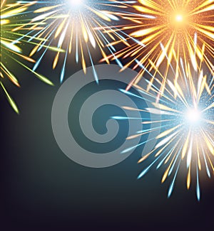 Fireworks explosions frame colors on a greeting card to the Happy New Year blank