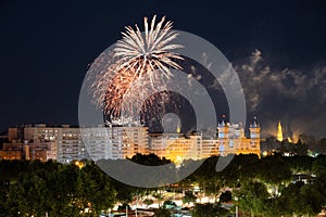 Fireworks at the fairgrounds of the April fair in Seville with the portada in the background. 2023