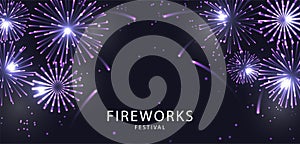 Fireworks Festival. Firecracker beautiful purple burst on the night sky. Vector.