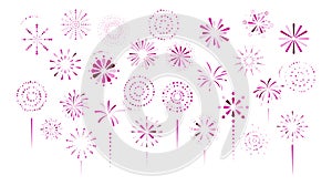 Fireworks, firecracker purple color on white background. Cartoon simple style. Design element decor for firework festival.