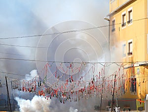 Fireworks firecrackers exploding in smoke street