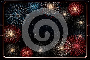 Fireworks frame with space for text on a black background. Vector illustration. Generative AI