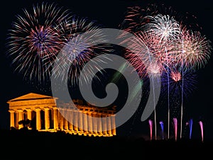 Fireworks with greek Temple