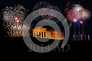 Fireworks with greek Temple