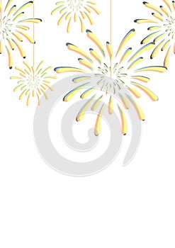 Fireworks hang from top on white background.